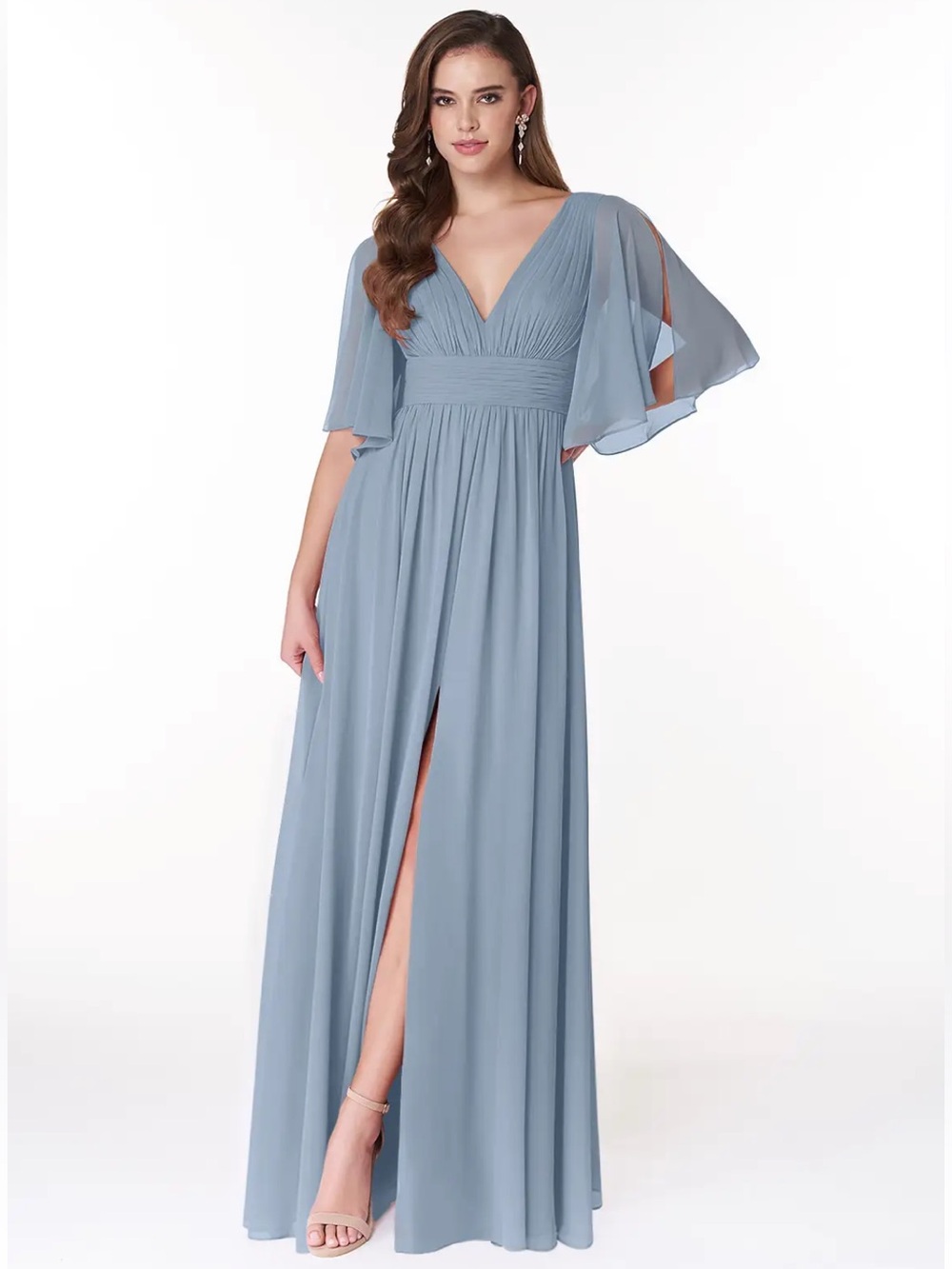 Azazie Light Blue V-Neck Flutter Sleeve Maxi Dress